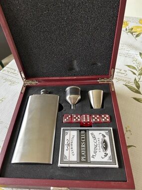 BOXED Stainless Steel Flask Gift Set with Red Dice and Playing Cards